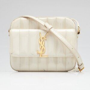 Yves Saint Laurent Crema Quilted Patent Leather Vicky Crossbody Camera Bag